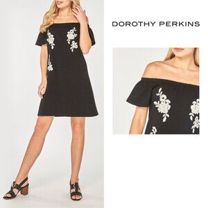 Dorothy Perkins Black Floral Embroidered Off Shoulder Bardot A-Line Dress 8